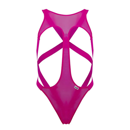 A vibrant hot pink CandyMan 99643 mesh bodysuit with a bold crisscross strap design one-piece swimsuit