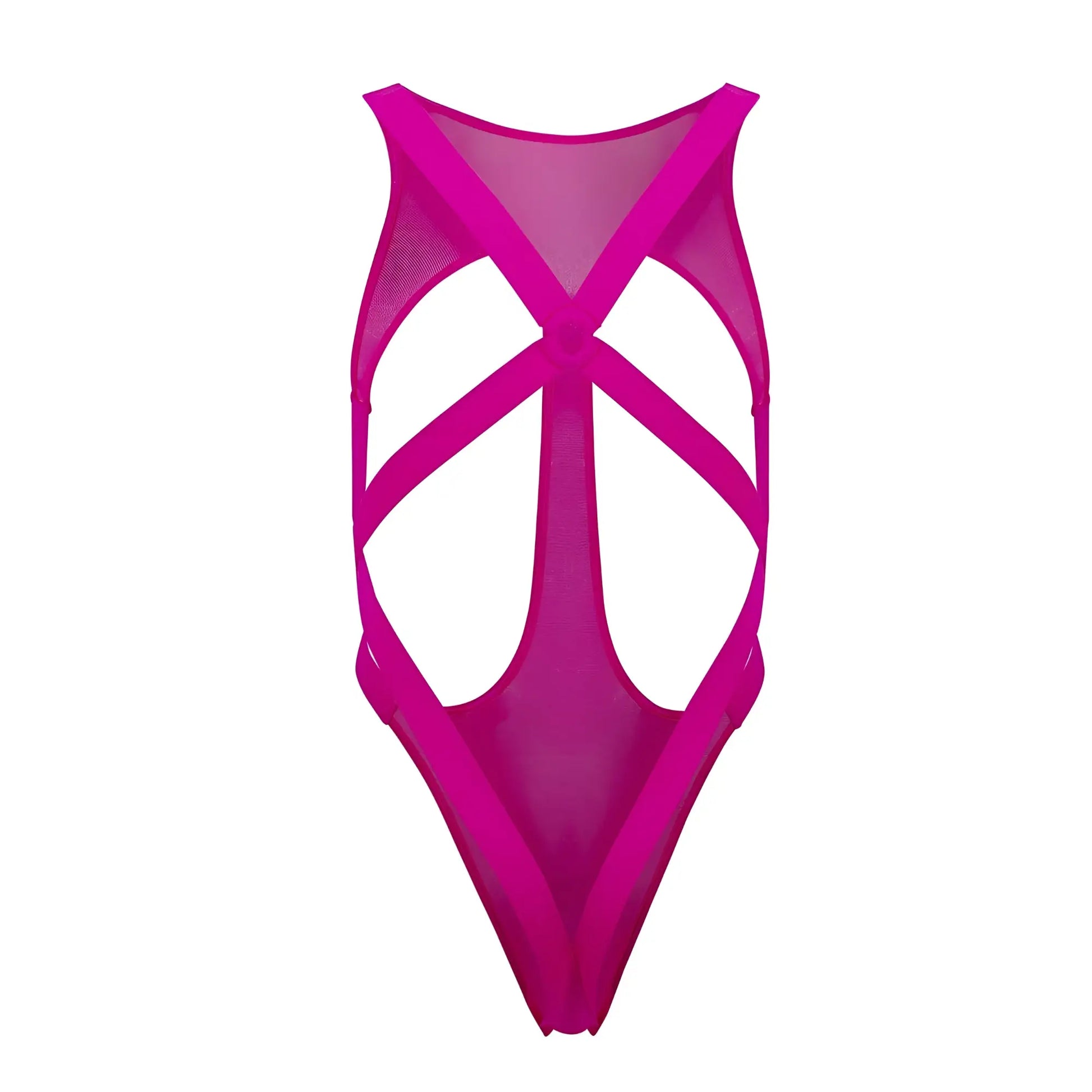 A vibrant hot pink CandyMan 99643 mesh one-piece swimsuit with a bold crisscross back design shown from the back