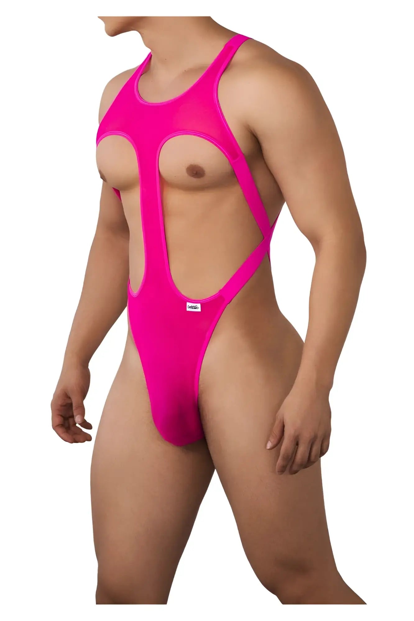 Vibrant hot pink CandyMan 99643 mesh bodysuit featuring sheer material and cutout design one-piece swimsuit