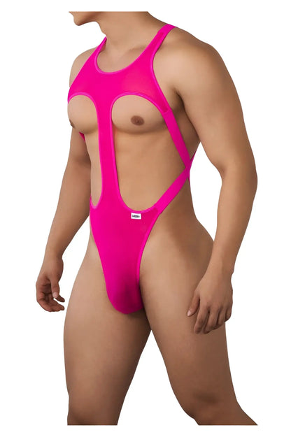 Vibrant hot pink CandyMan 99643 mesh bodysuit featuring sheer material and cutout design one-piece swimsuit