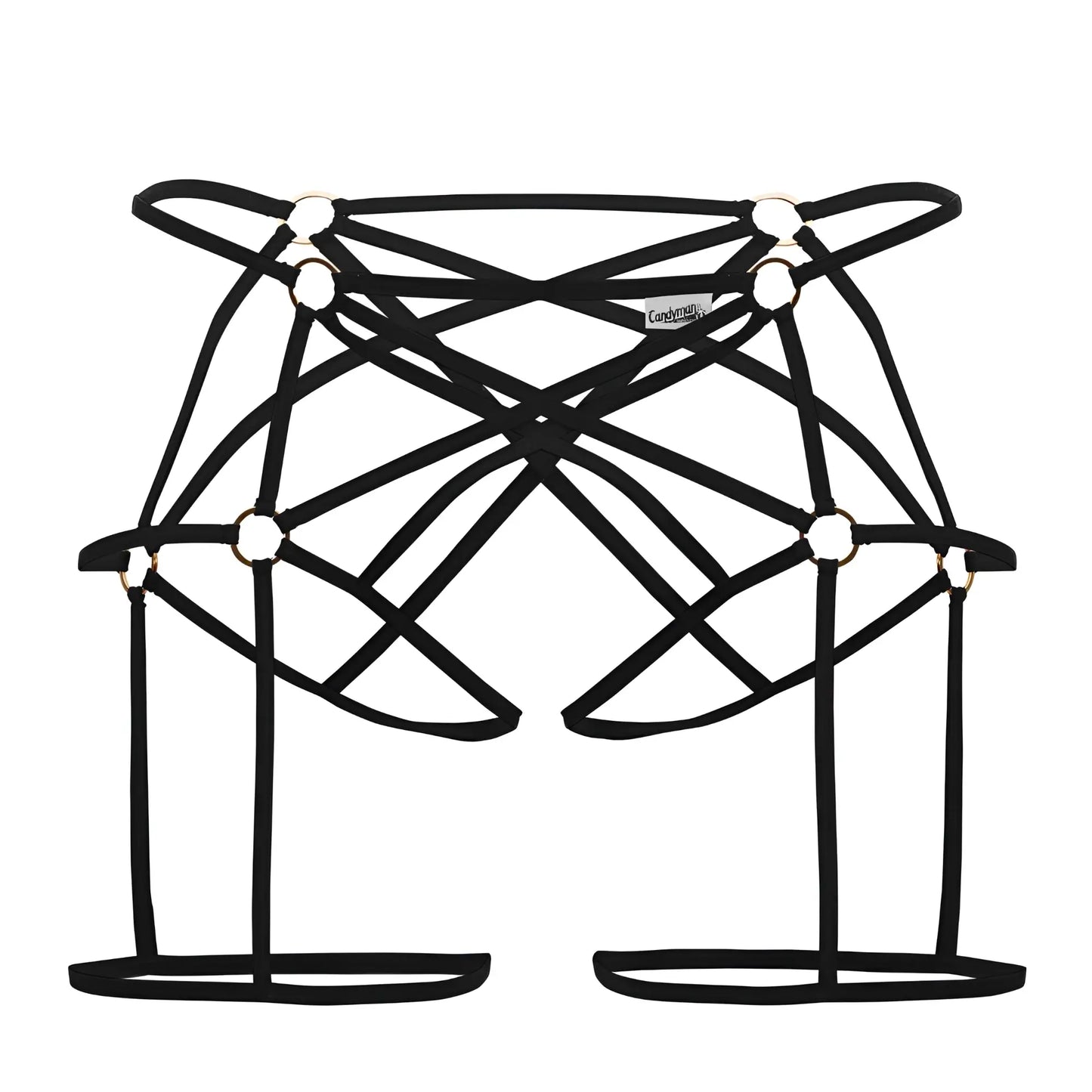 Black candyMan 99646 cage jockstrap with lace-up straps and gold metal rings minimalist harness design
