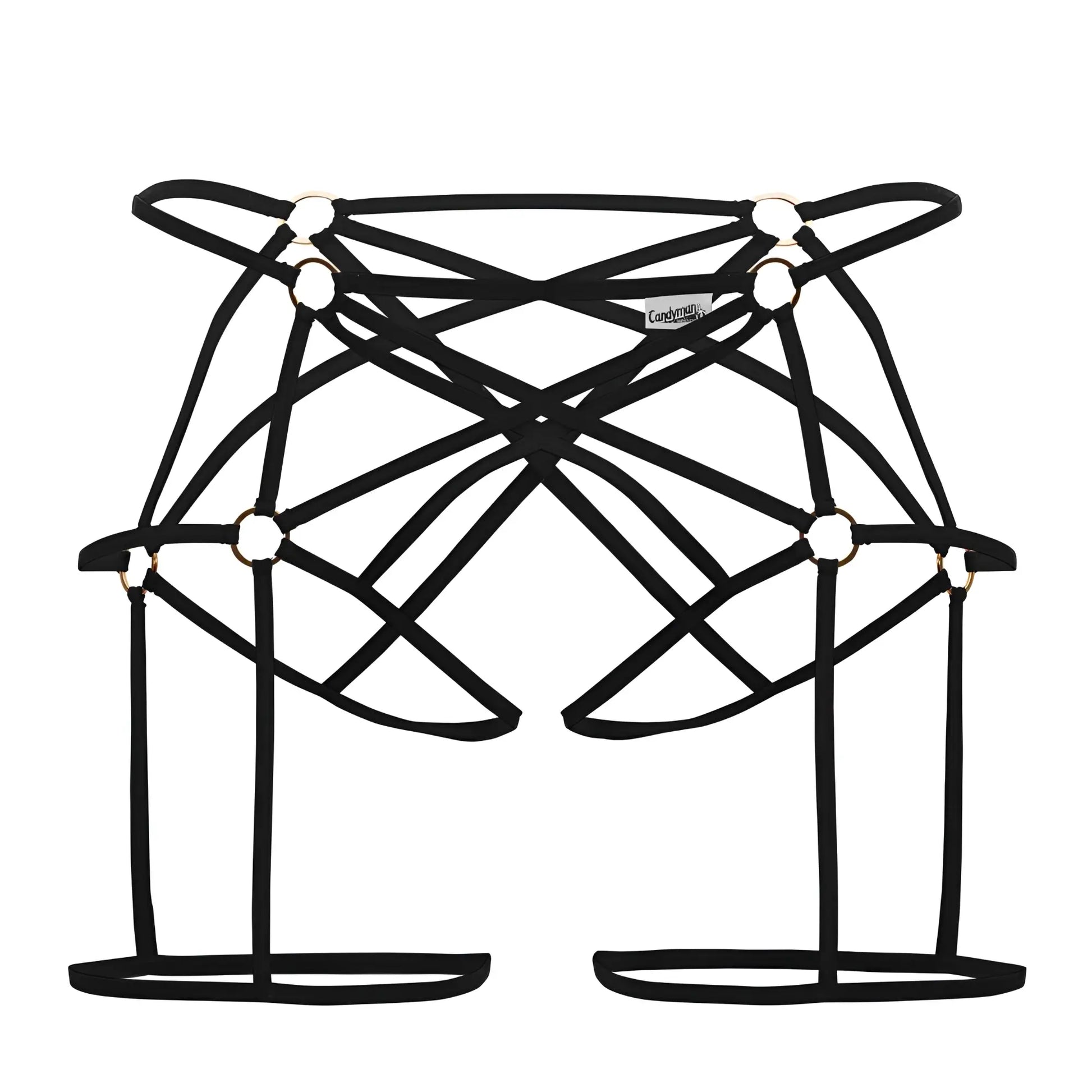 Black candyMan 99646 cage jockstrap with lace-up straps and gold metal rings minimalist harness design
