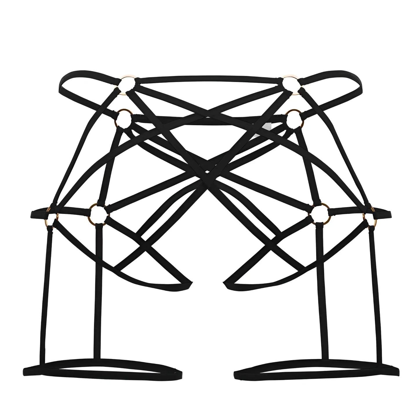 CandyMan 99646 cage jockstrap in black with strappy harness crisscross design and gold-toned metal rings