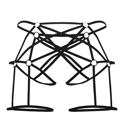 CandyMan 99646 cage jockstrap in black with strappy harness crisscross design and gold-toned metal rings