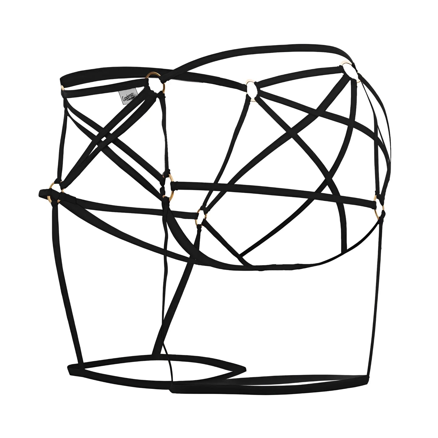 Black strappy harness cage jockstrap with gold toned metal rings by candyman in black color