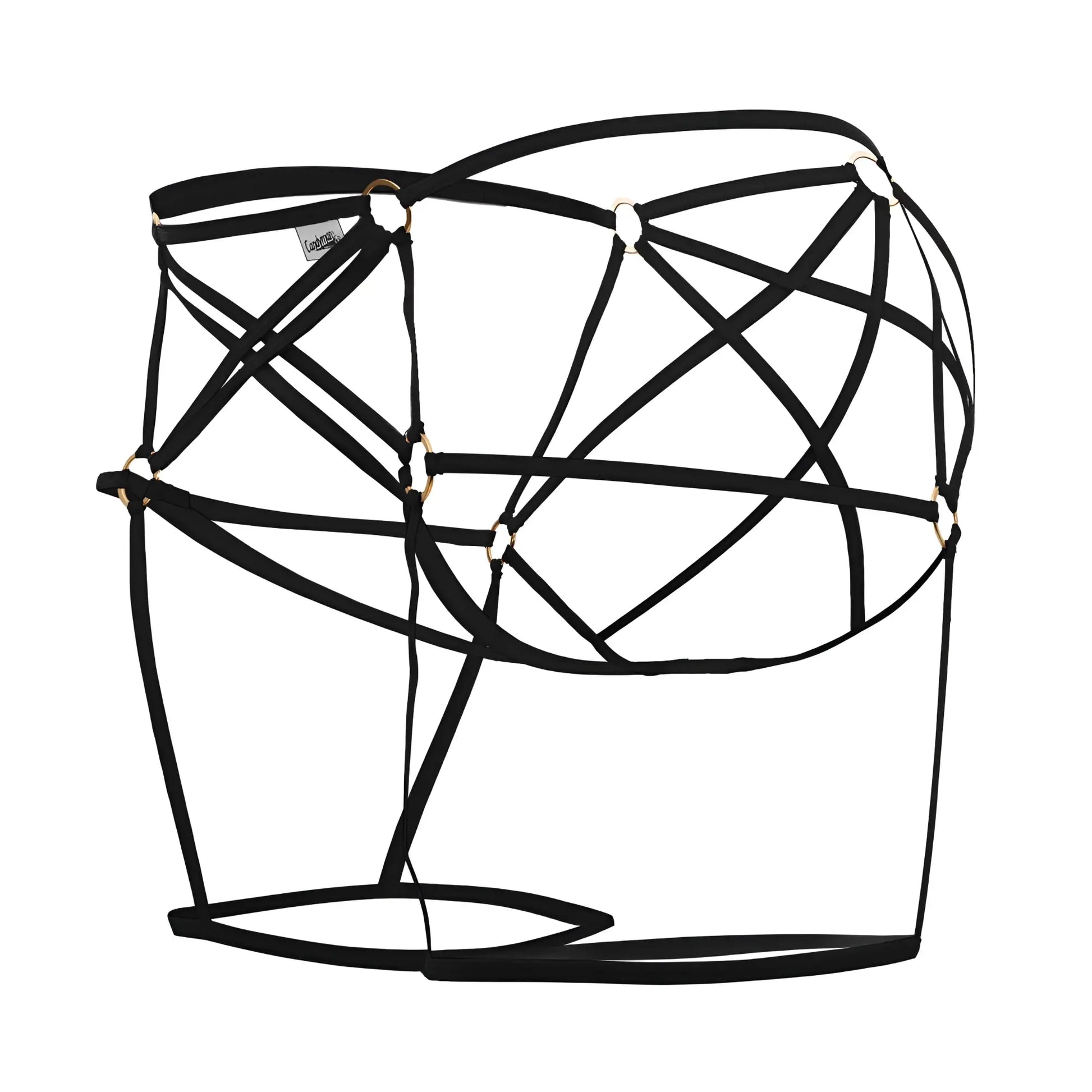 Black strappy harness cage jockstrap with gold toned metal rings by candyman in black color