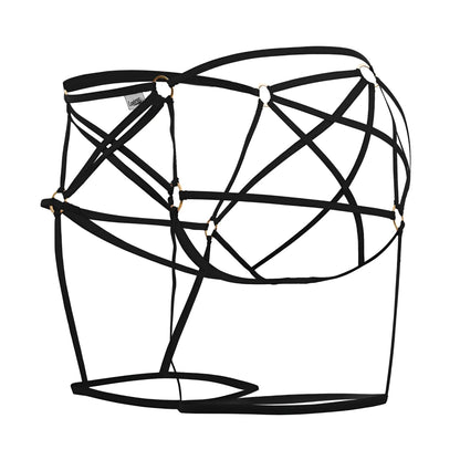 Black strappy harness cage jockstrap with gold toned metal rings by candyman in black color