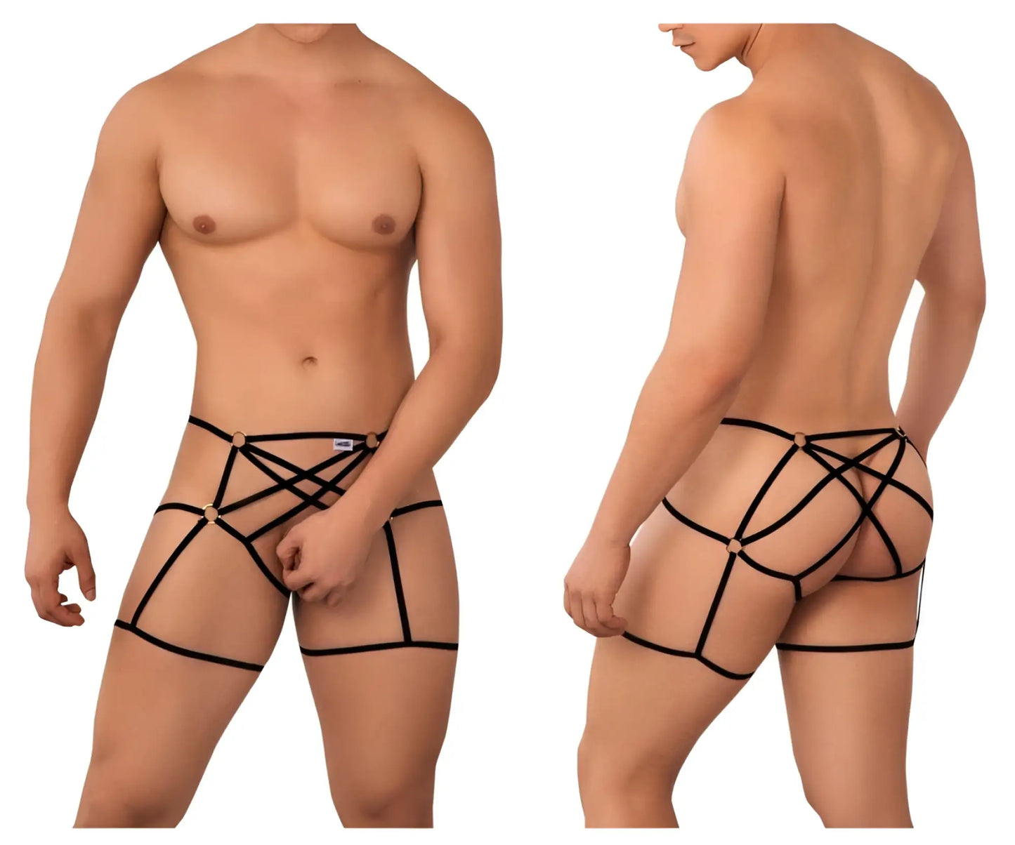Black CandyMan 99646 cage jockstrap with strappy harness design and gold-toned metal clasps