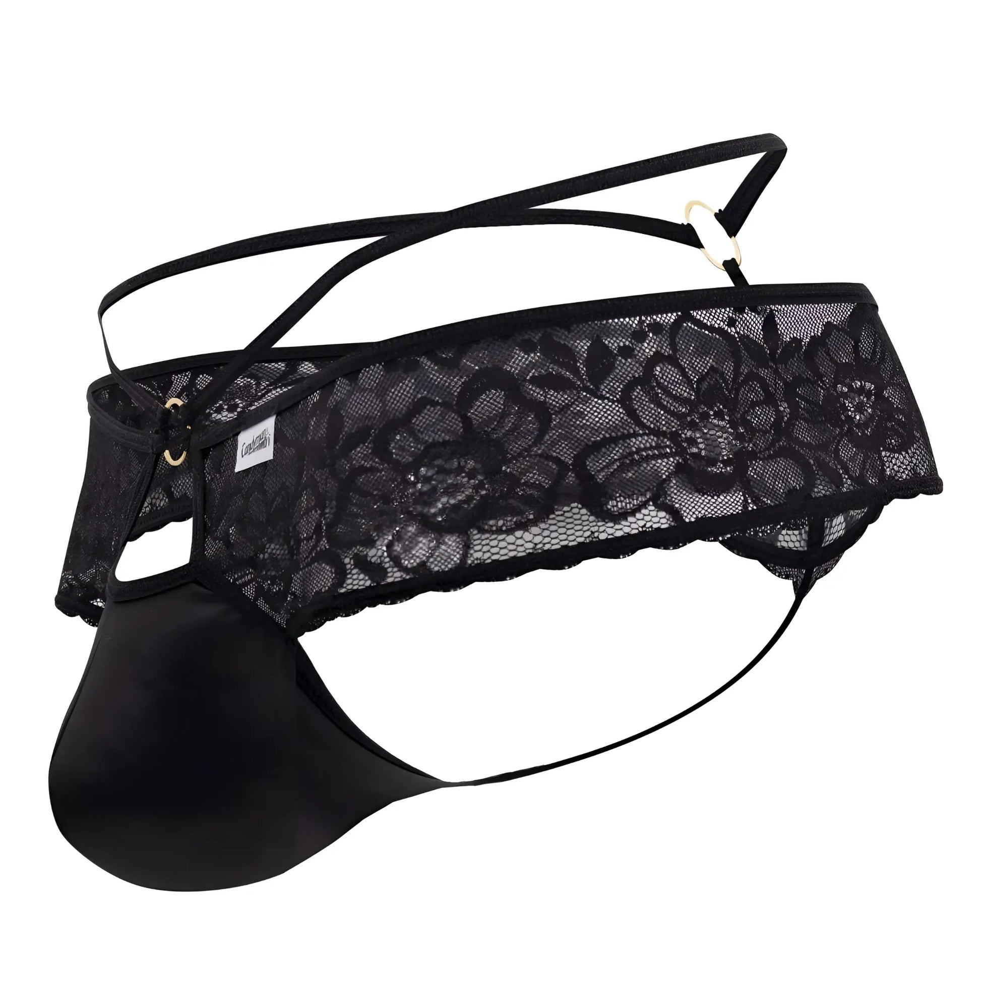 Black lace thong with floral pattern and satin-like front panel candyMan 99647 lace thongs color black