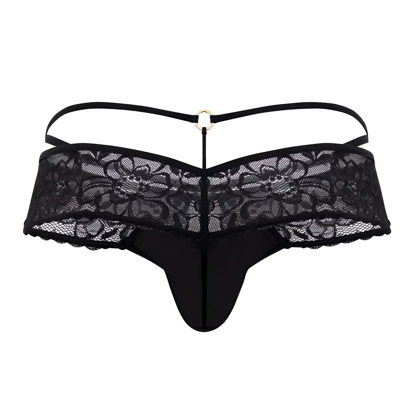 Black lace thong candyMan 99647 with gold-toned ring at the center of the backband showing the back side