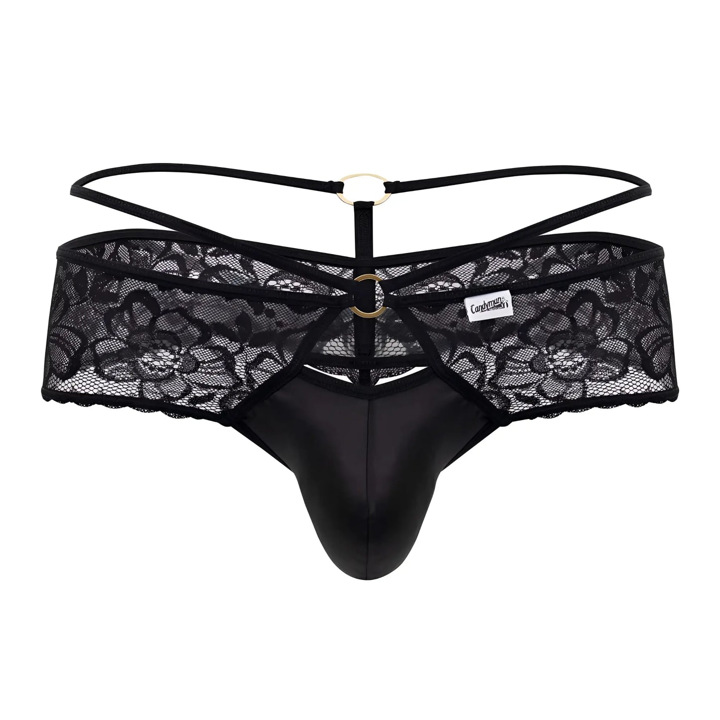 Black lace thong candyMan 99647 with satin-like front panel and gold-toned metal rings in black color