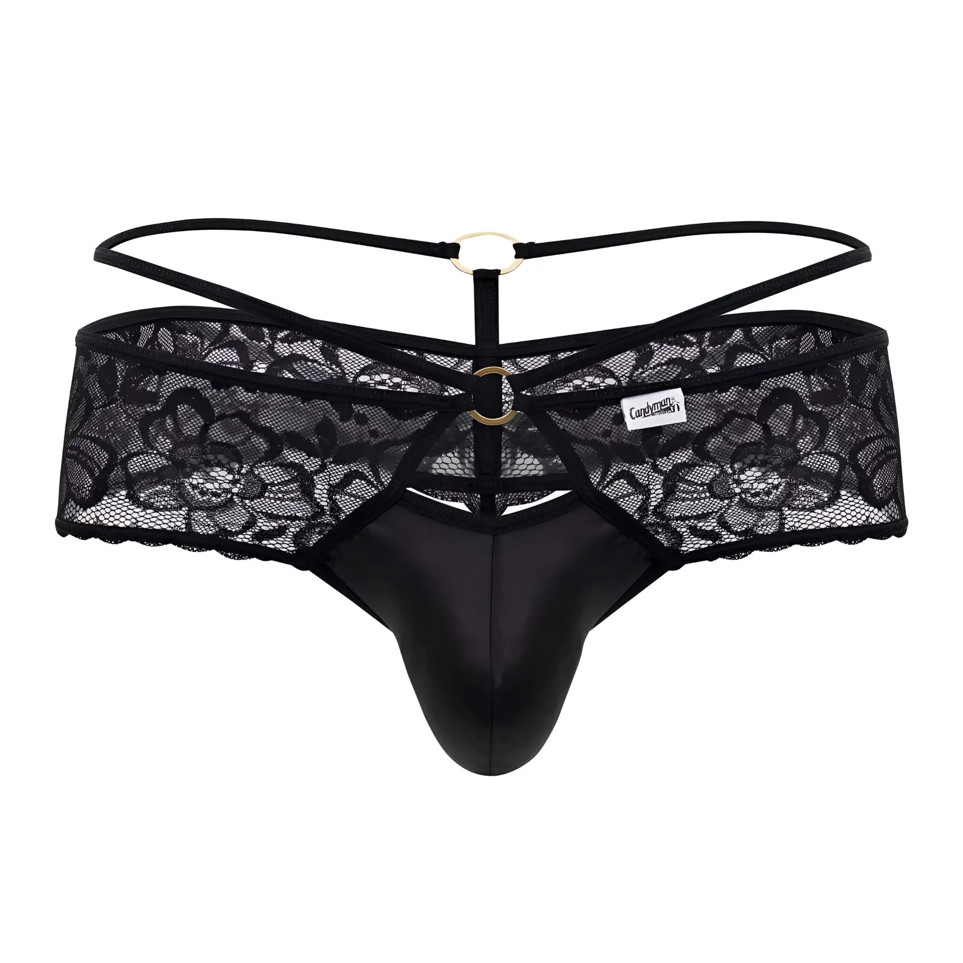 Black lace thong candyMan 99647 with satin-like front panel and gold-toned metal rings in black color