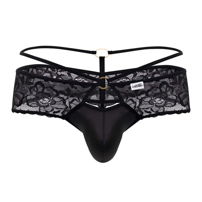 Black lace thong candyMan 99647 with satin-like front panel and gold-toned metal rings in black color