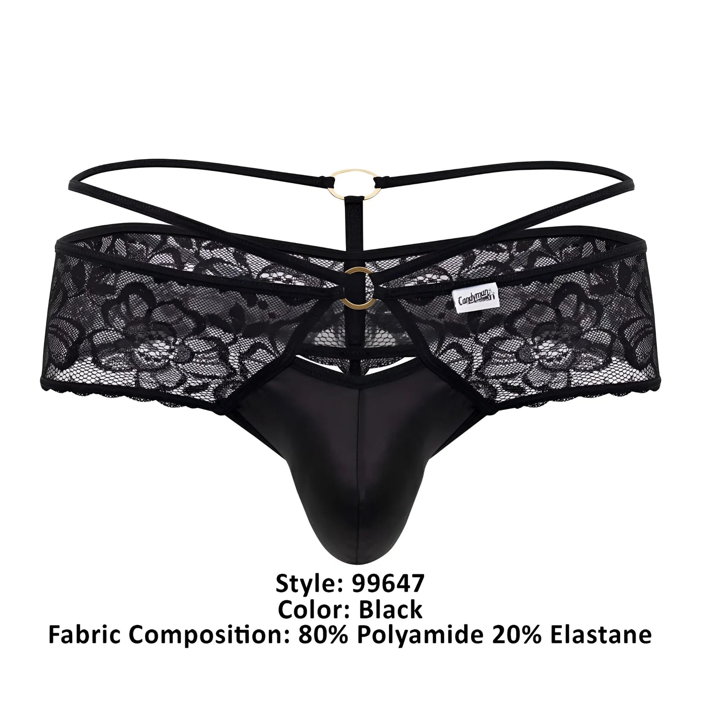 CandyMan 99647 black lace thong with glossy front panel and adjustable straps featuring gold-toned metal rings
