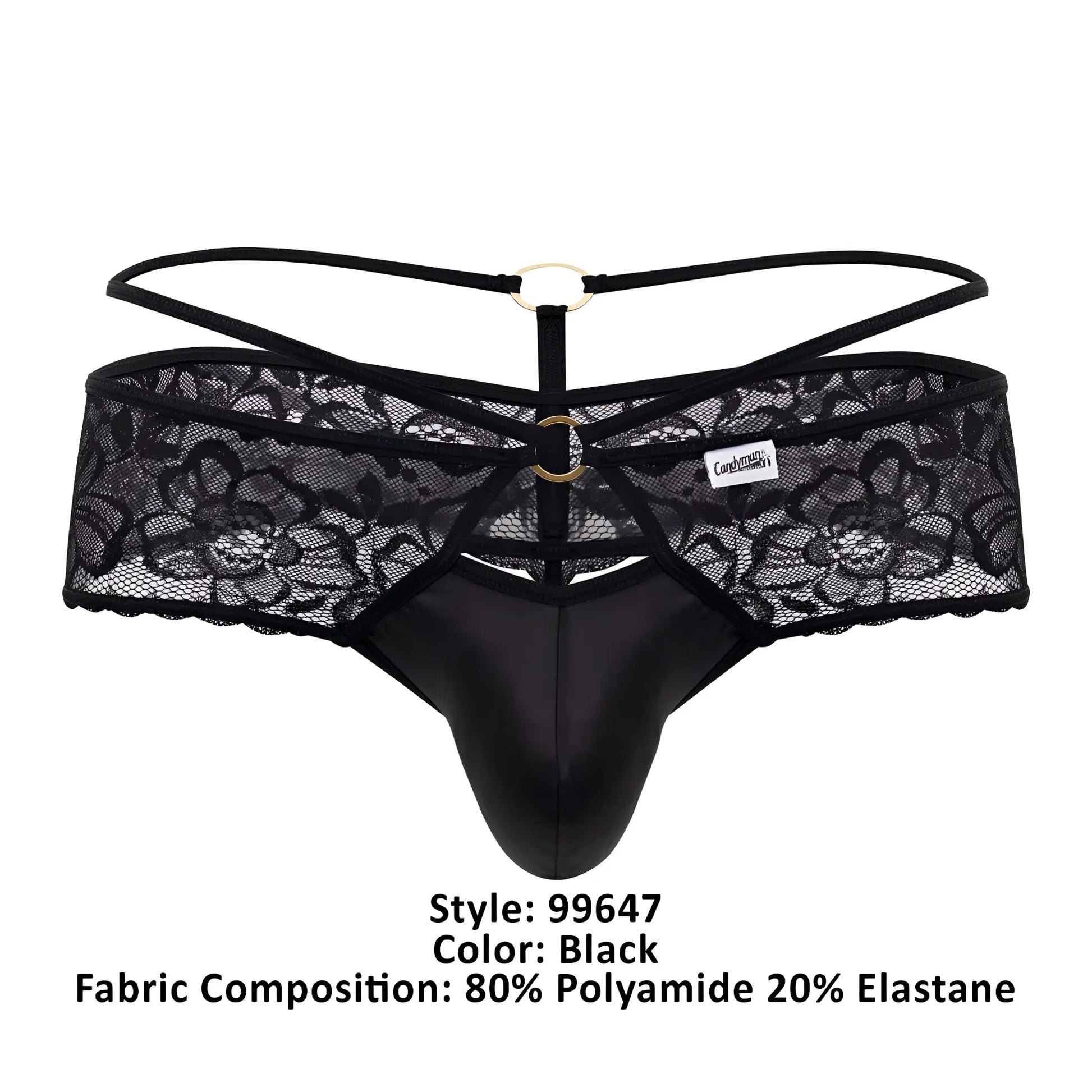 CandyMan 99647 black lace thong with glossy front panel and adjustable straps featuring gold-toned metal rings