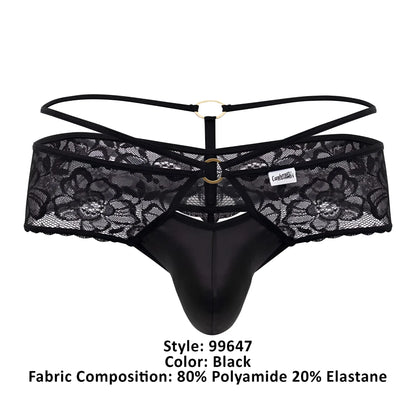 CandyMan 99647 black lace thong with glossy front panel and adjustable straps featuring gold-toned metal rings