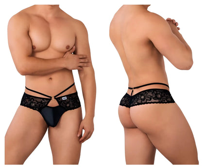 Black lace-trimmed thong candyMan 99647 with gold-tone clasp and crisscross straps in black color