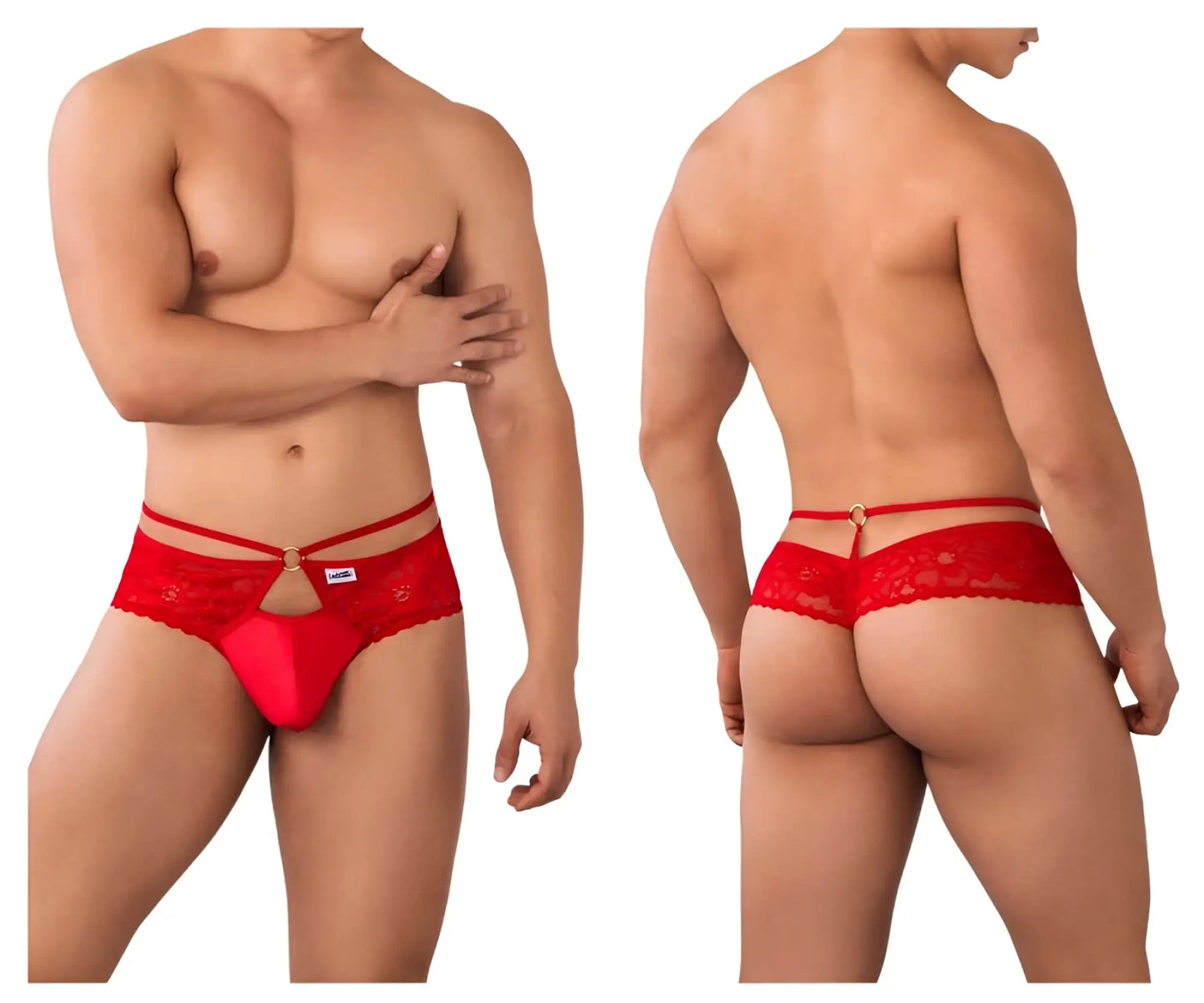 Red lace thong with decorative floral pattern and central gold-tone clasp from candyman 99647 collection