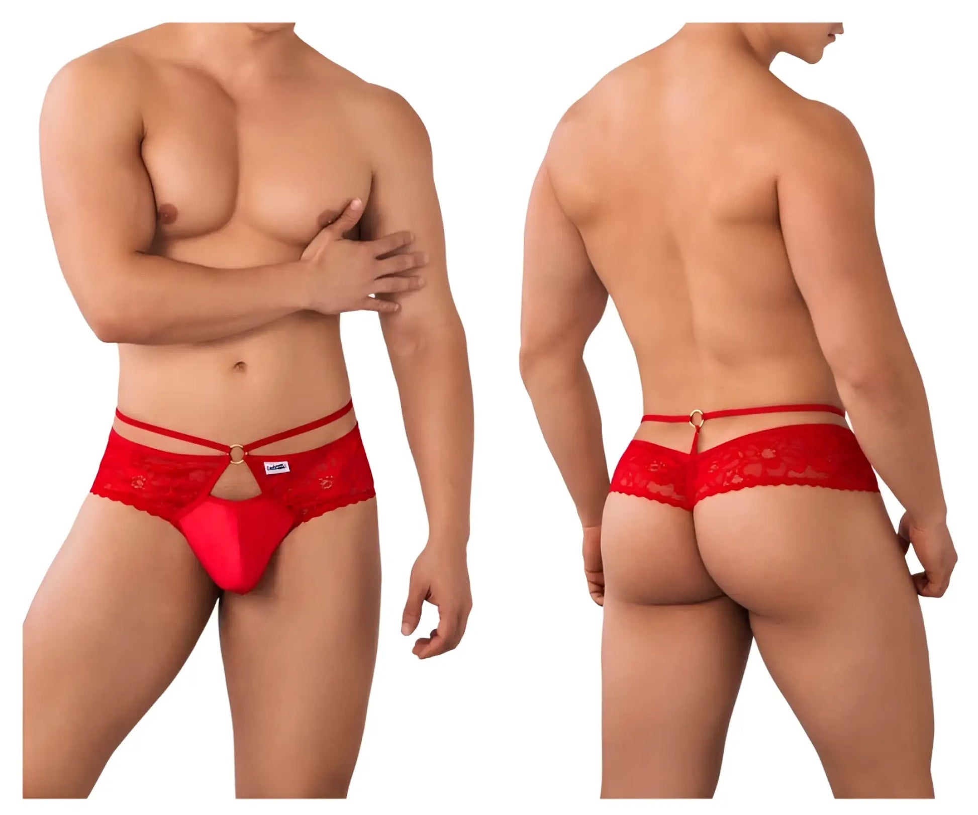 Red lace thong with decorative floral pattern and central gold-tone clasp from candyman 99647 collection