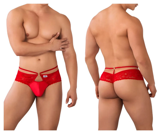 Red lace thong with decorative floral pattern and central gold-tone clasp from candyman 99647 collection