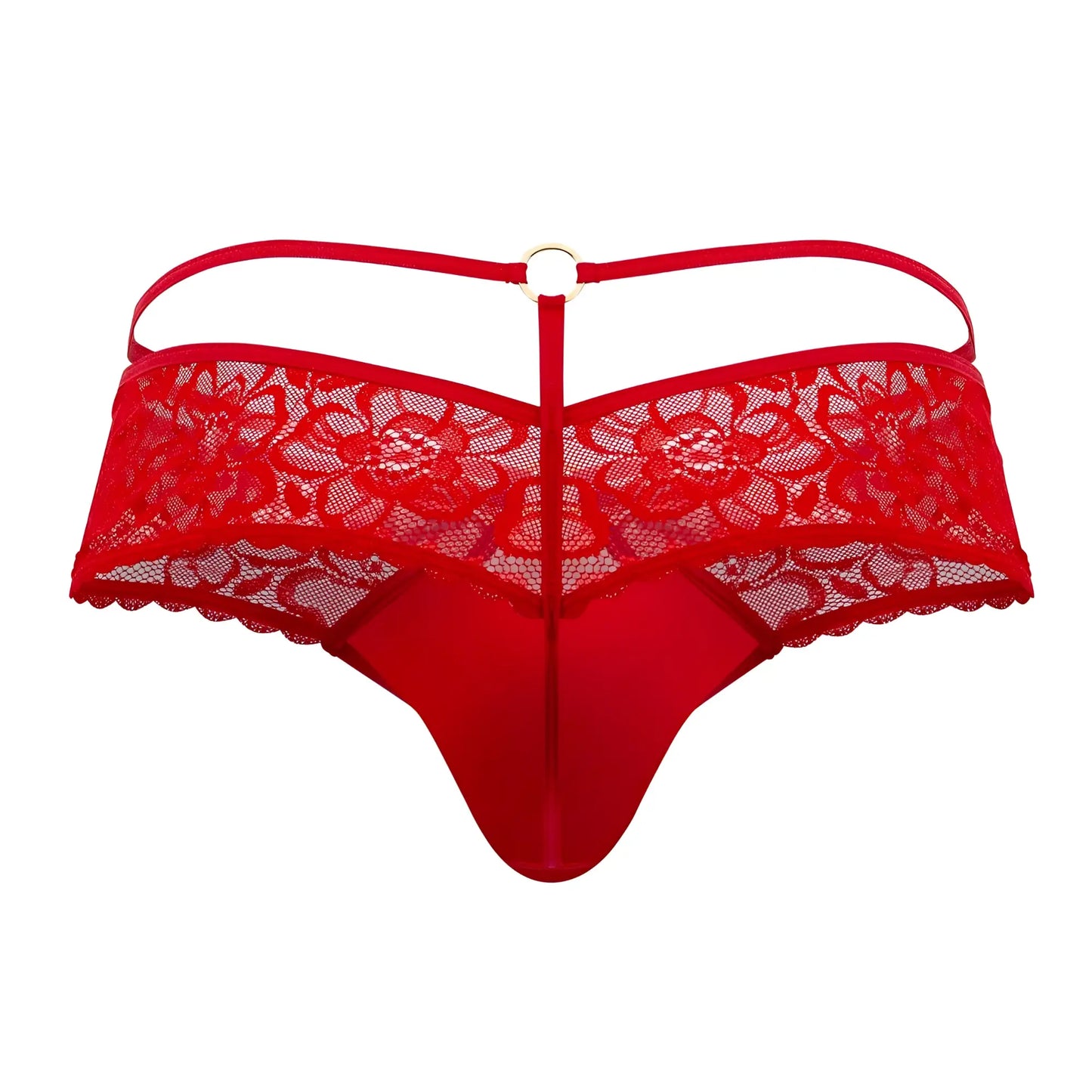 Back view of candyman 99647 red lace thong with floral pattern and central metal ring detail