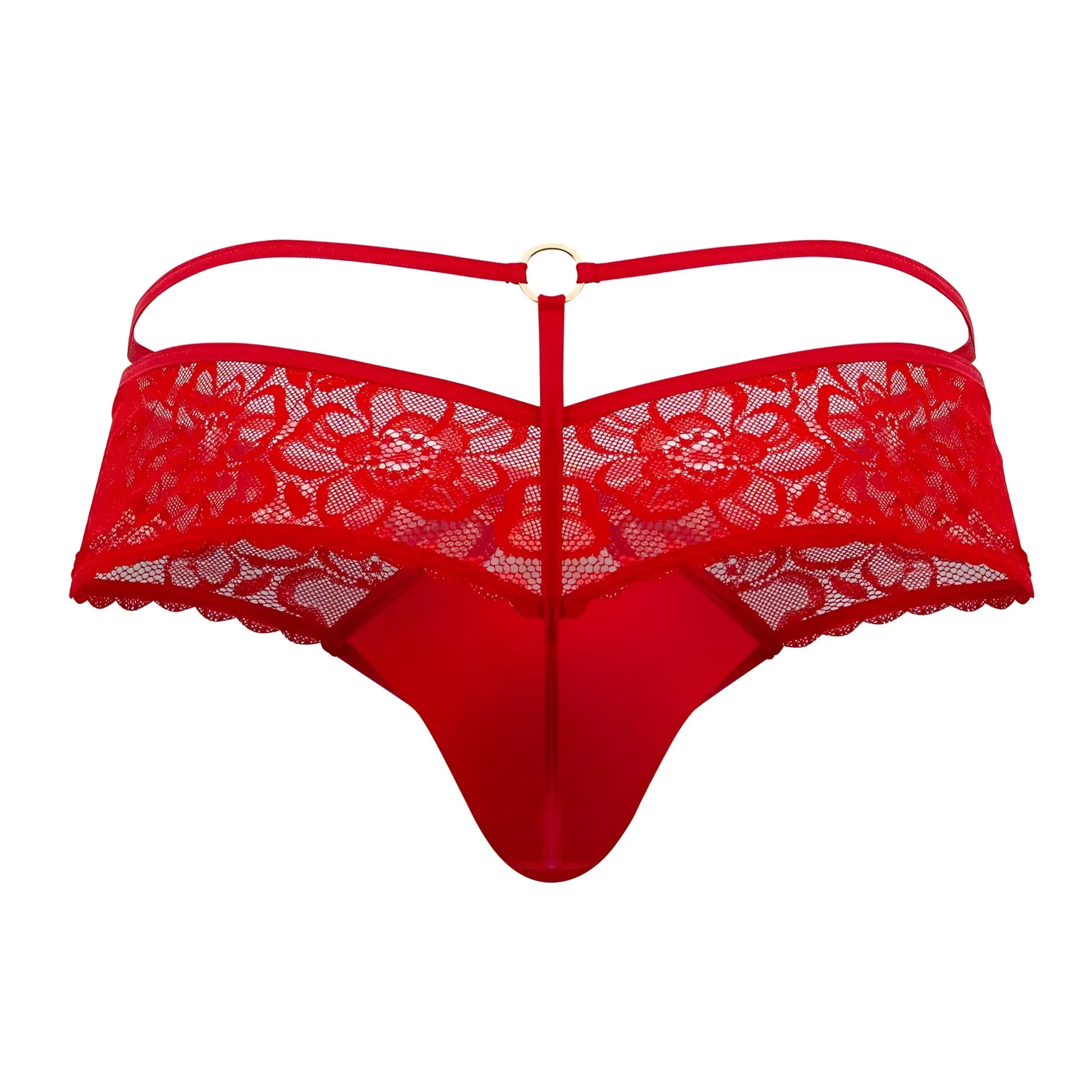 Back view of candyman 99647 red lace thong with floral pattern and central metal ring detail