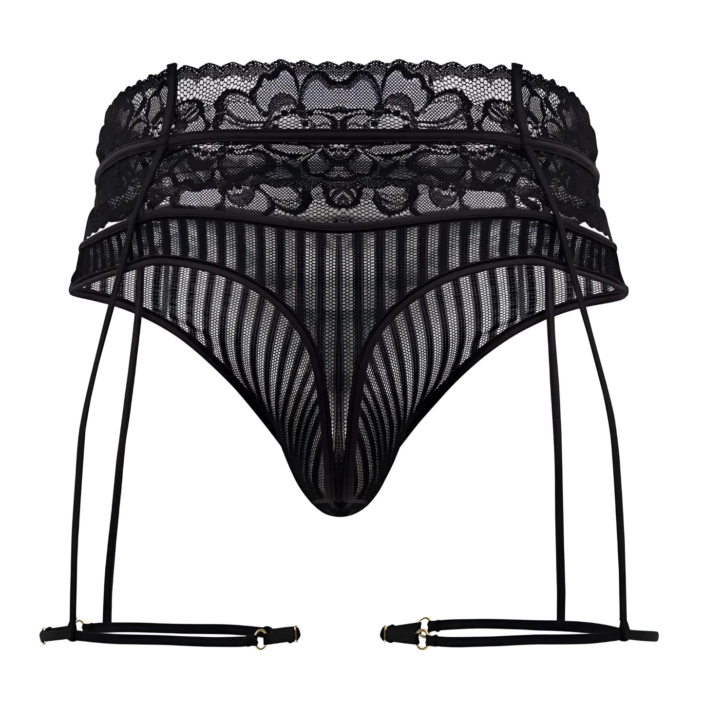 CandyMan 99648 black lace garter thong with sheer mesh front and decorative floral patterns