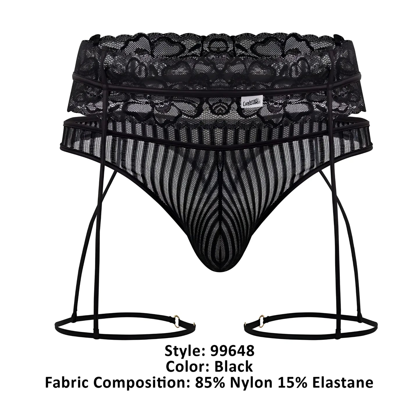 Black lace and mesh garter thong set with striped pattern in black by candyman, shown from the back side