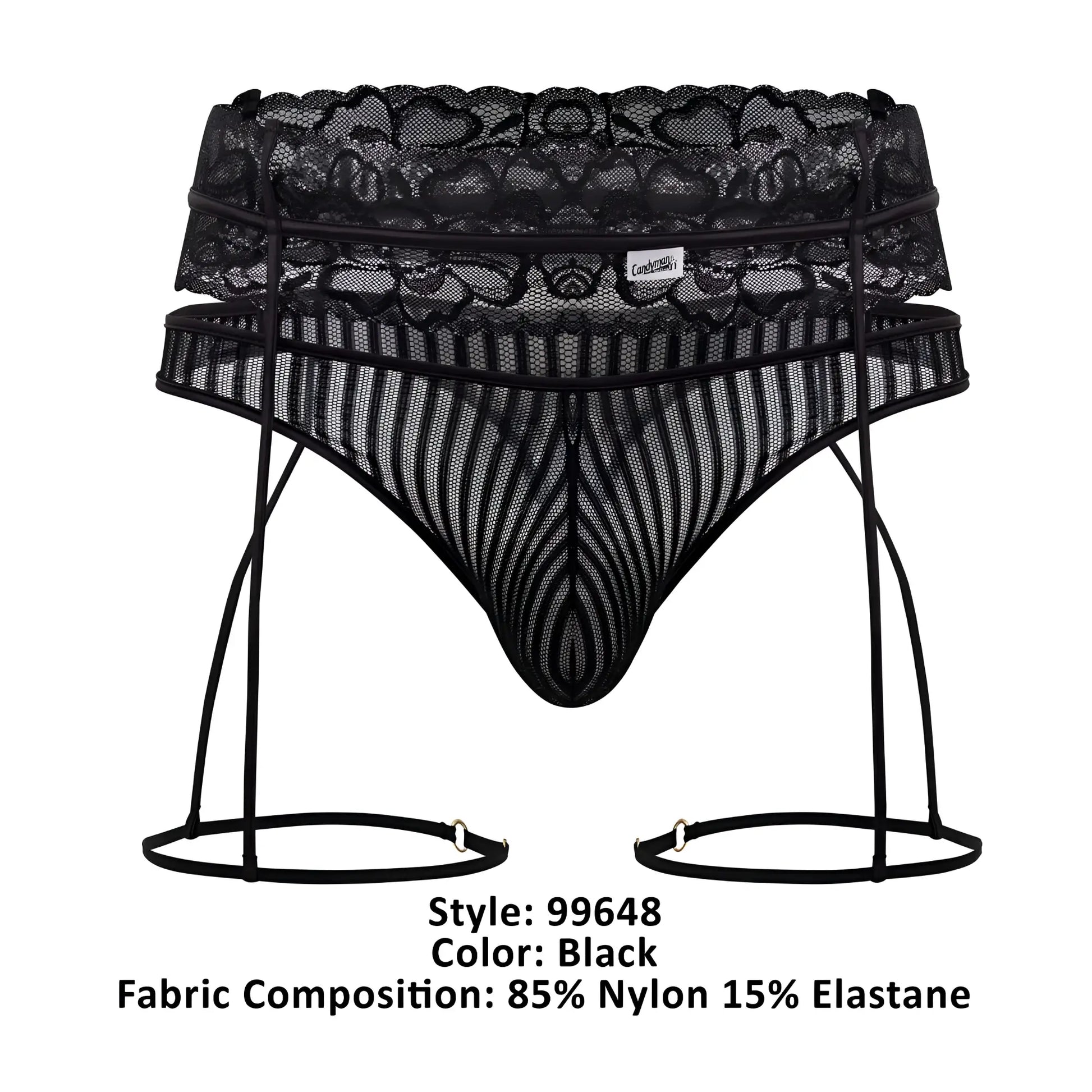 Black lace and mesh garter thong set with striped pattern in black by candyman, shown from the back side