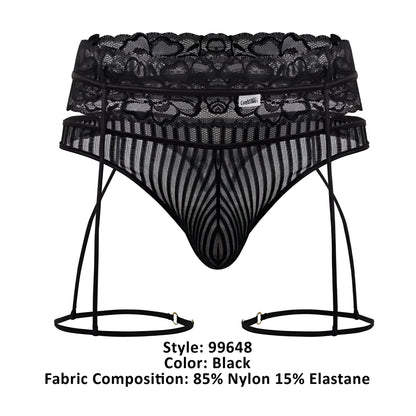 Black lace and mesh garter thong set with striped pattern in black by candyman, shown from the back side