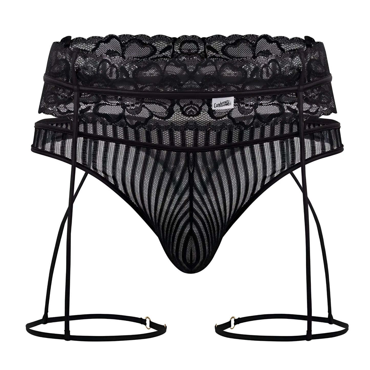 Black lace and mesh men’s lingerie set with suspenders garter thongs by candyman color black front view