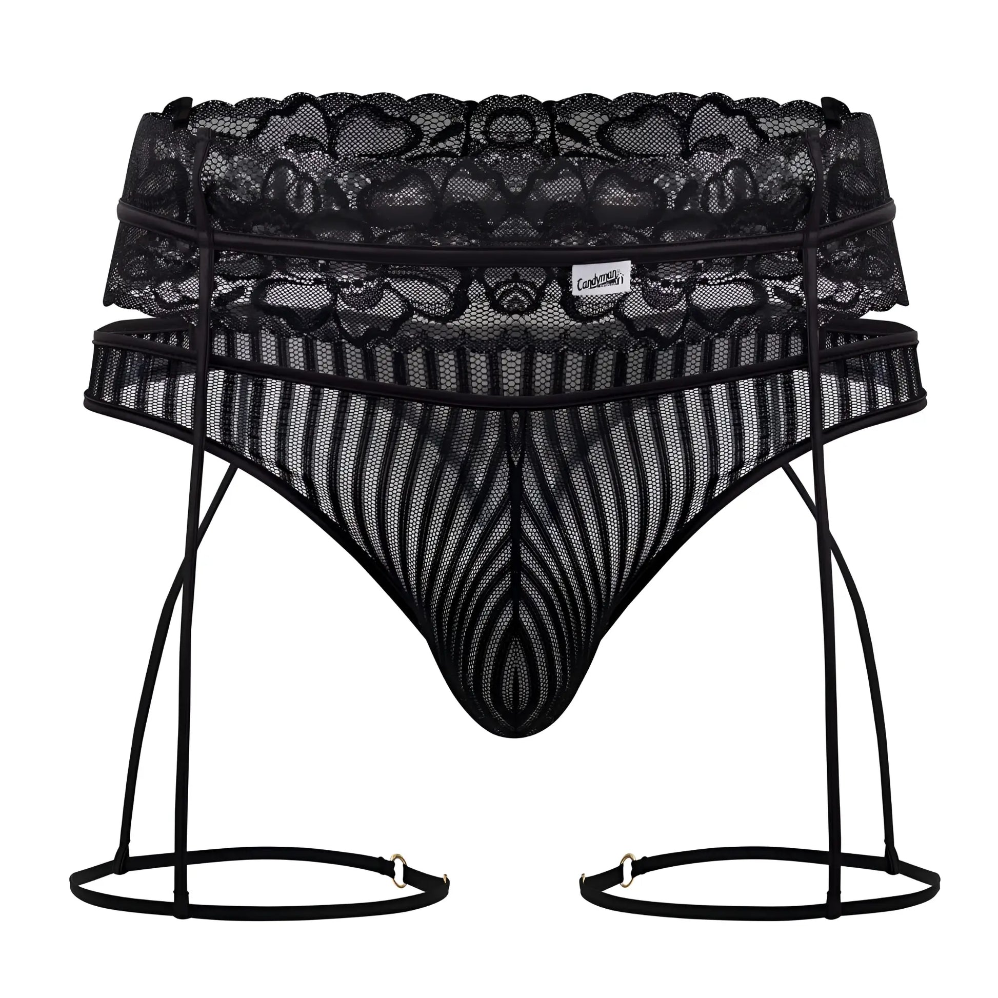 Black lace and mesh men’s lingerie set with suspenders garter thongs by candyman color black front view