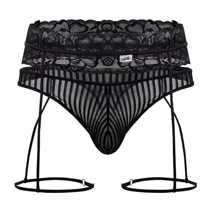 Black lace and mesh men’s lingerie set with suspenders garter thongs by candyman color black front view