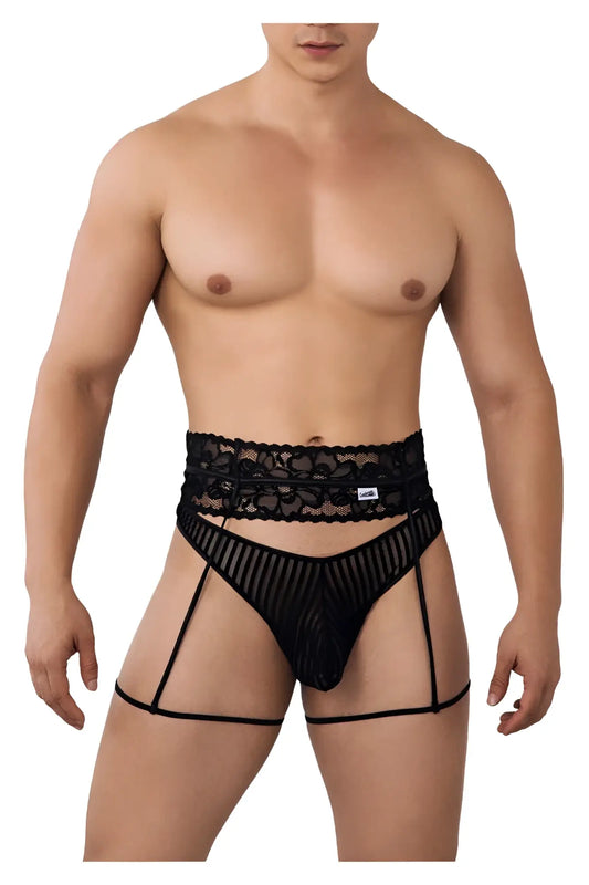 CandyMan 99648 black garter thongs for men with black lace trim sheer mesh and supportive straps visible from the back