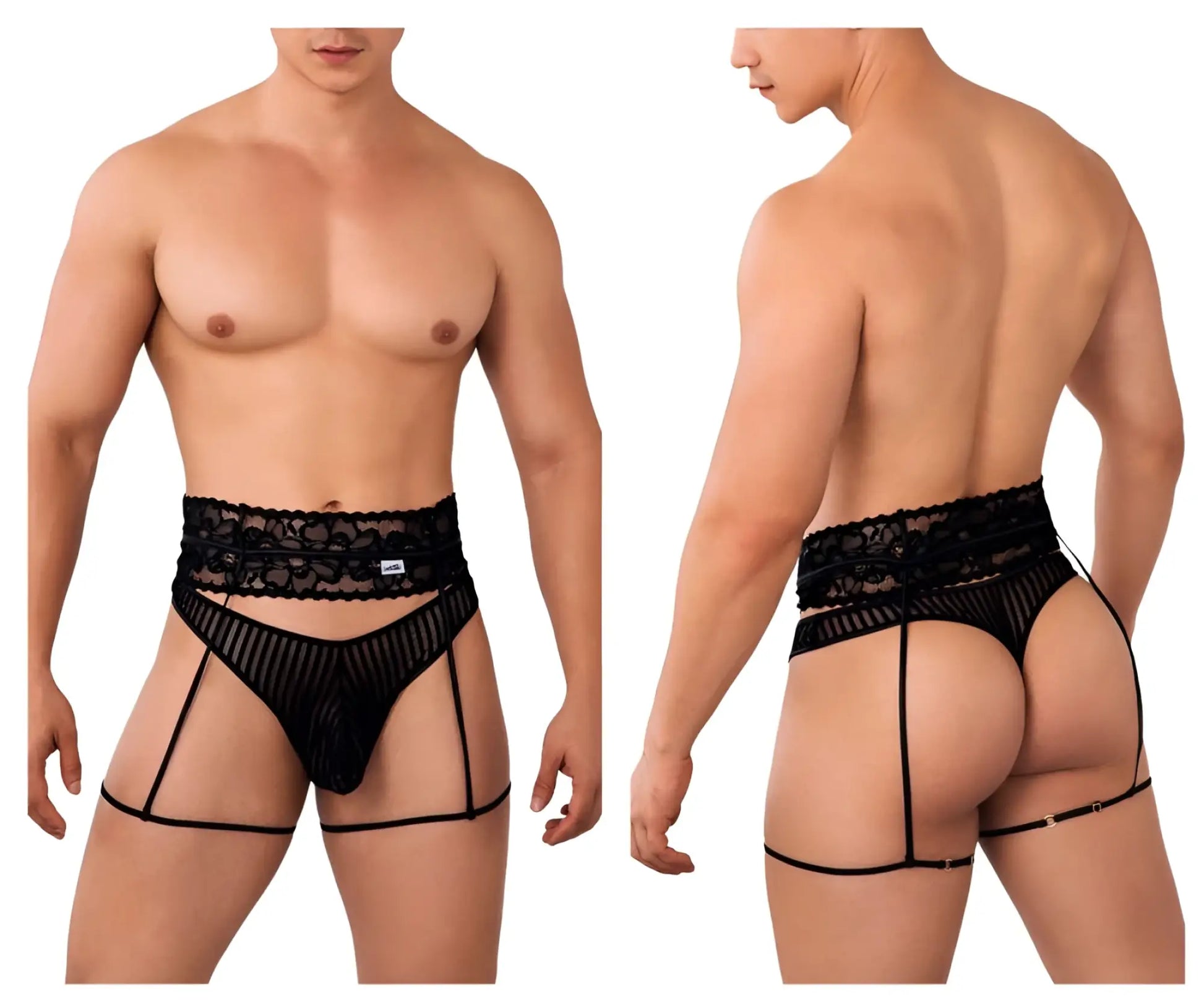 Black lace-trimmed candyMan 99648 garter thong sheer mesh briefs with side straps and back ties shown from back