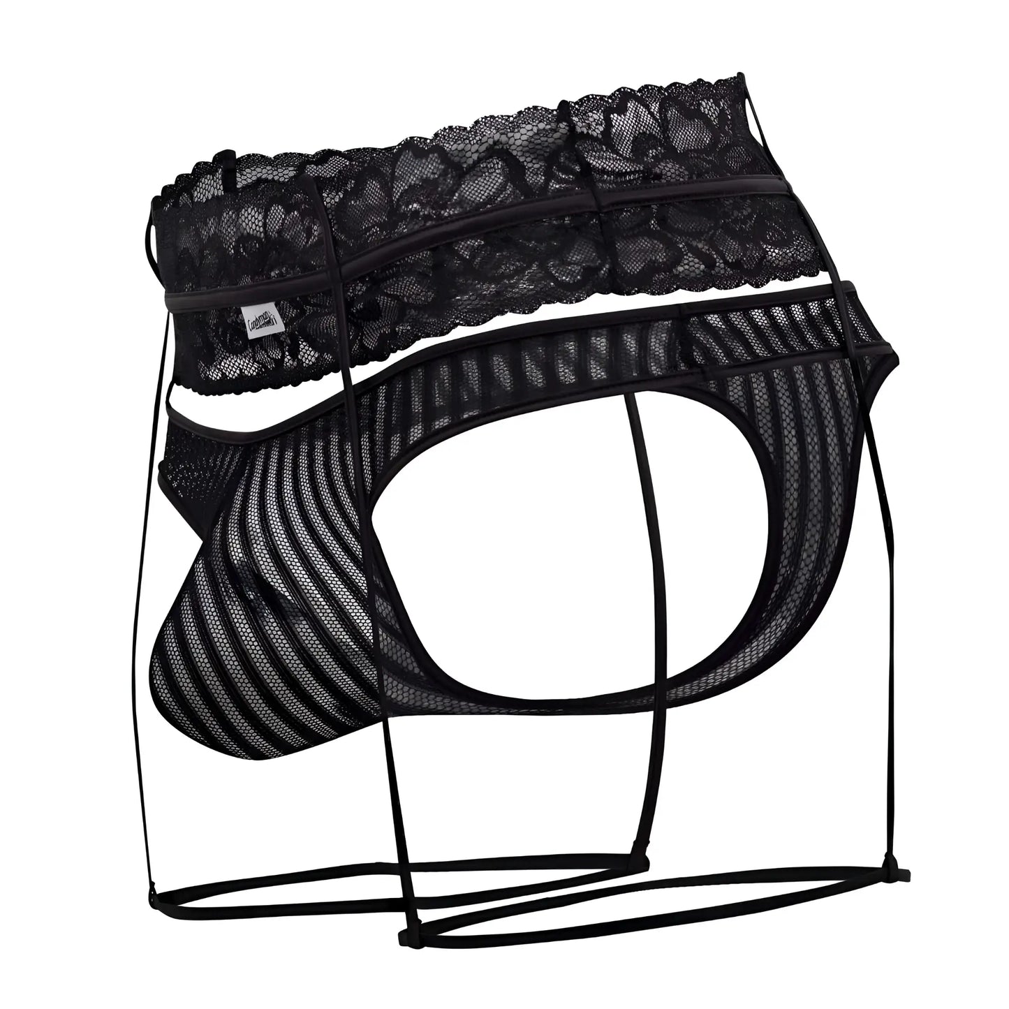 Black candyMan 99648 garter thongs with lace-trimmed mesh and supportive strappy design briefs front view