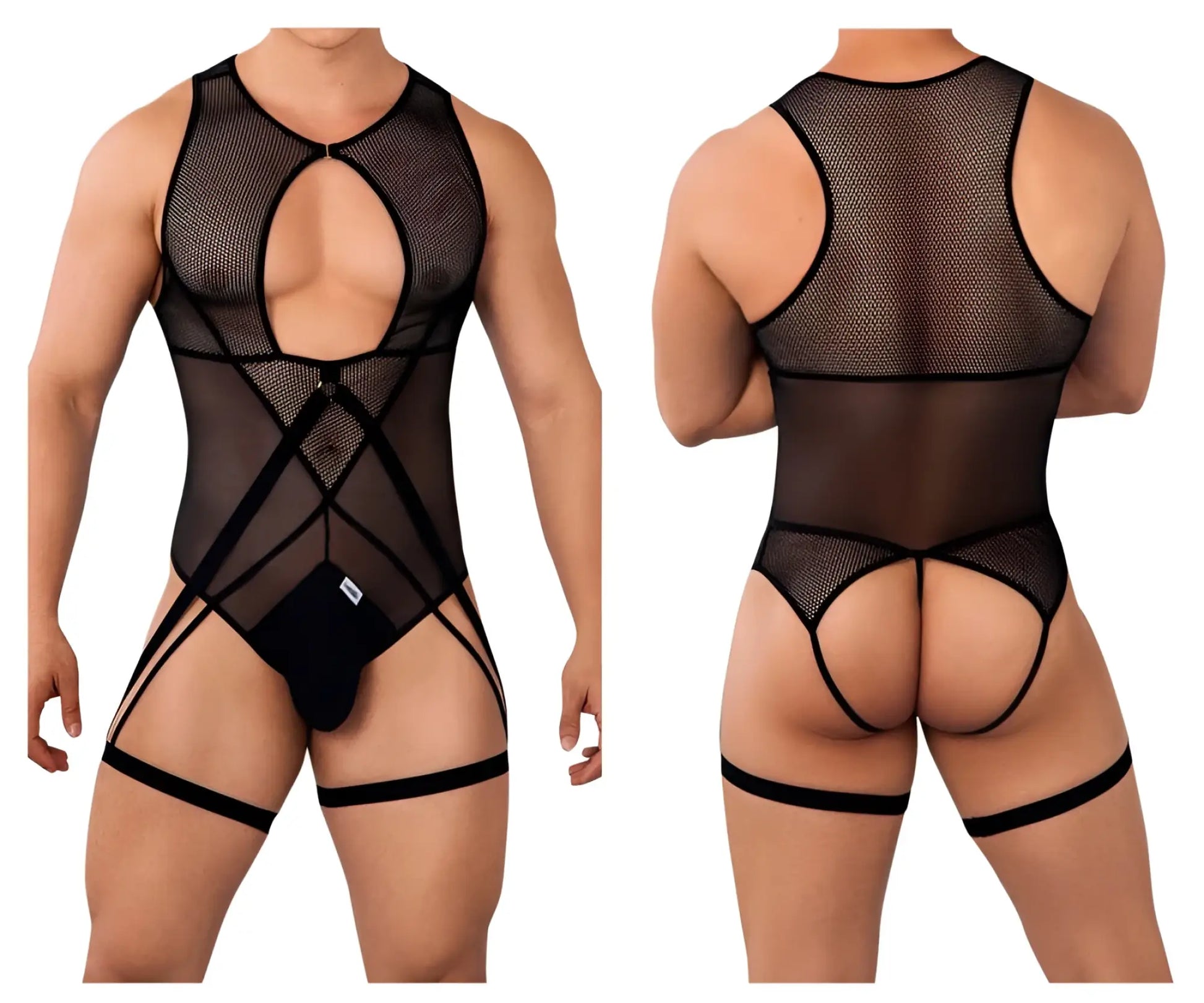 Black mesh bodysuit with crisscross straps and leg ties by candyman model 99650 in black color