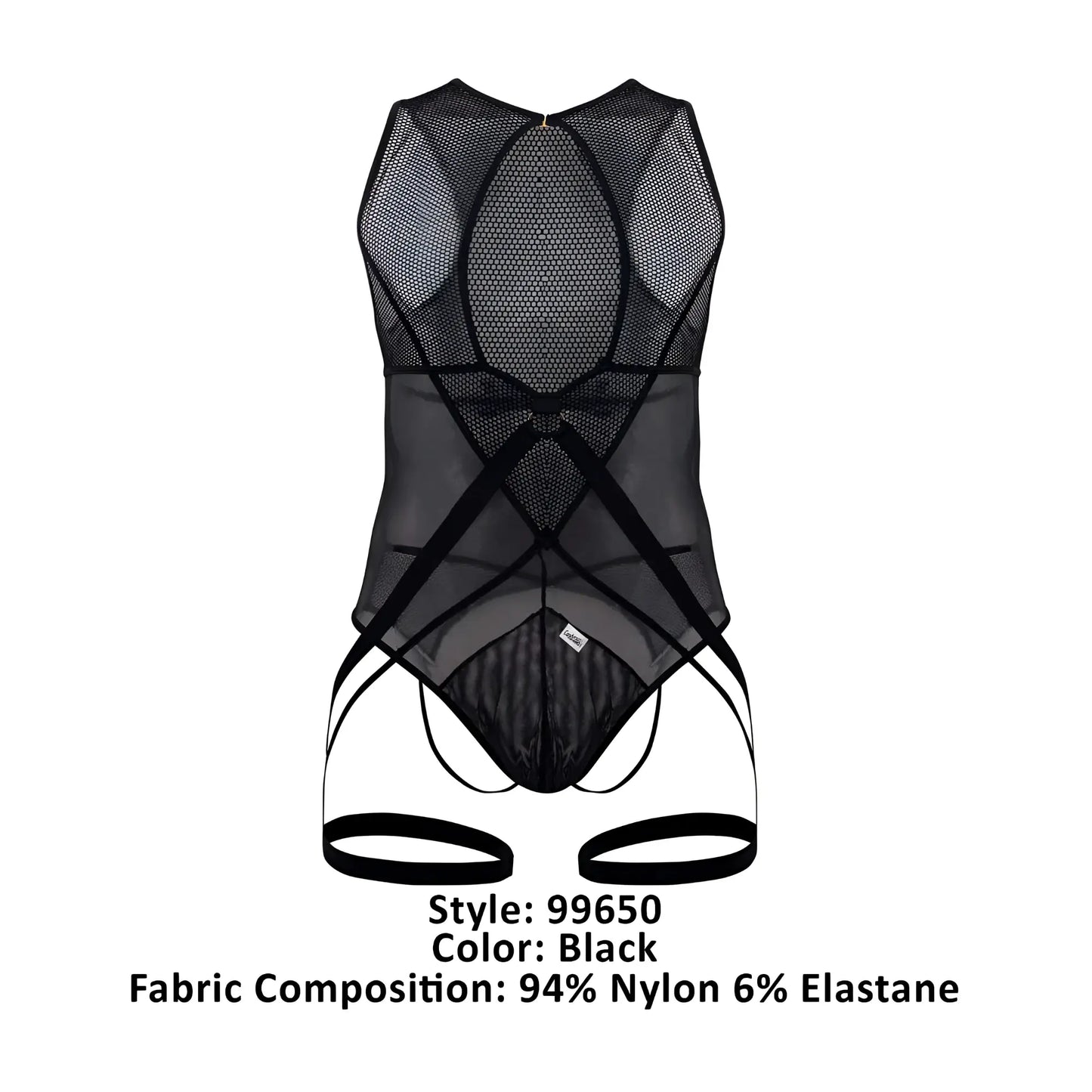 Black candyMan 99650 mesh bodysuit with crisscross elastic straps sheer and form fitting design