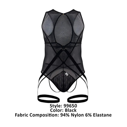 Black candyMan 99650 mesh bodysuit with crisscross elastic straps sheer and form fitting design