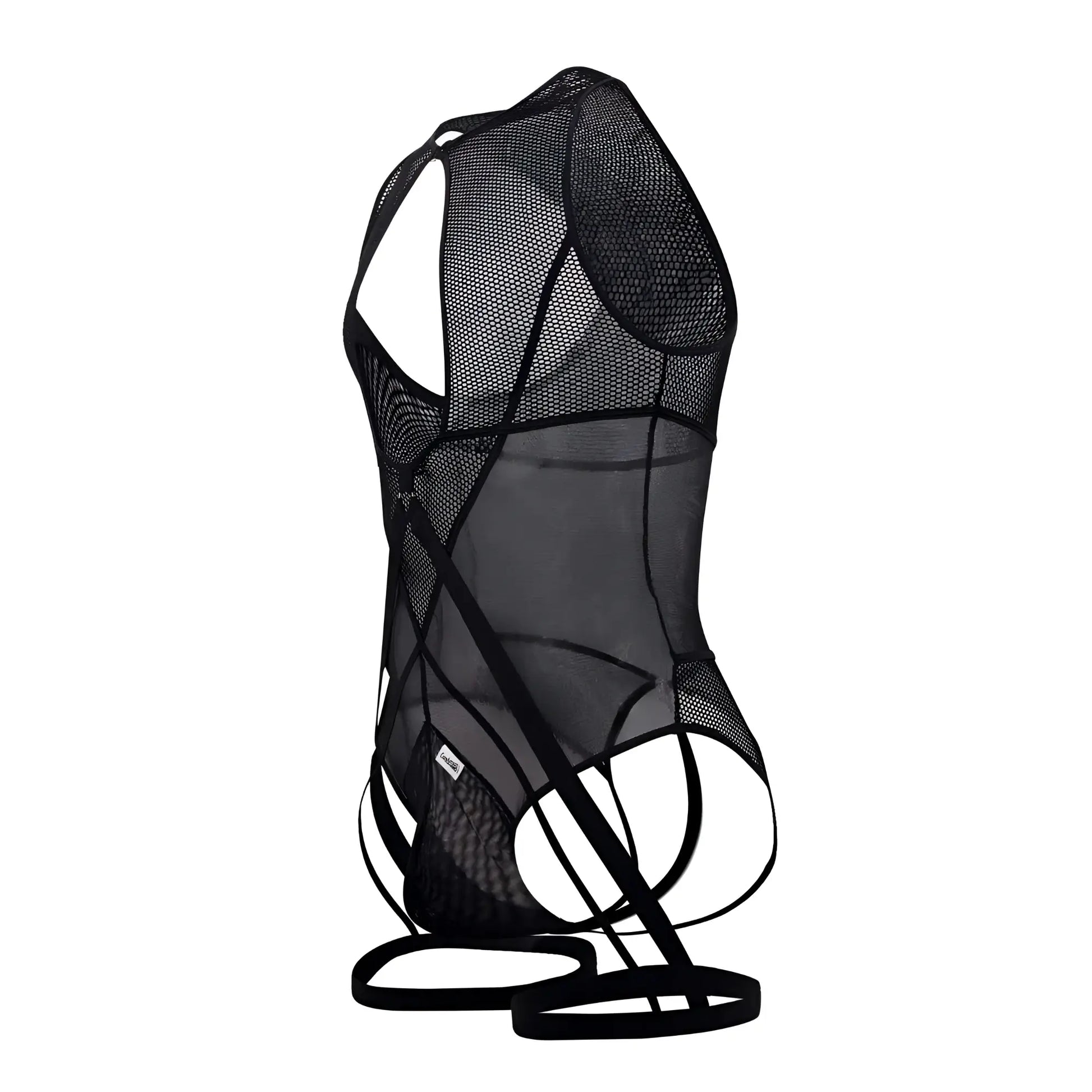 Black candyMan 99650 mesh bodysuit with intricate cut-out design and adjustable straps shown from the back