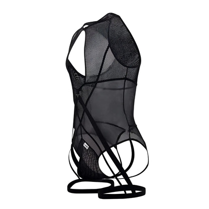 Black candyMan 99650 mesh bodysuit with intricate cut-out design and adjustable straps shown from the back