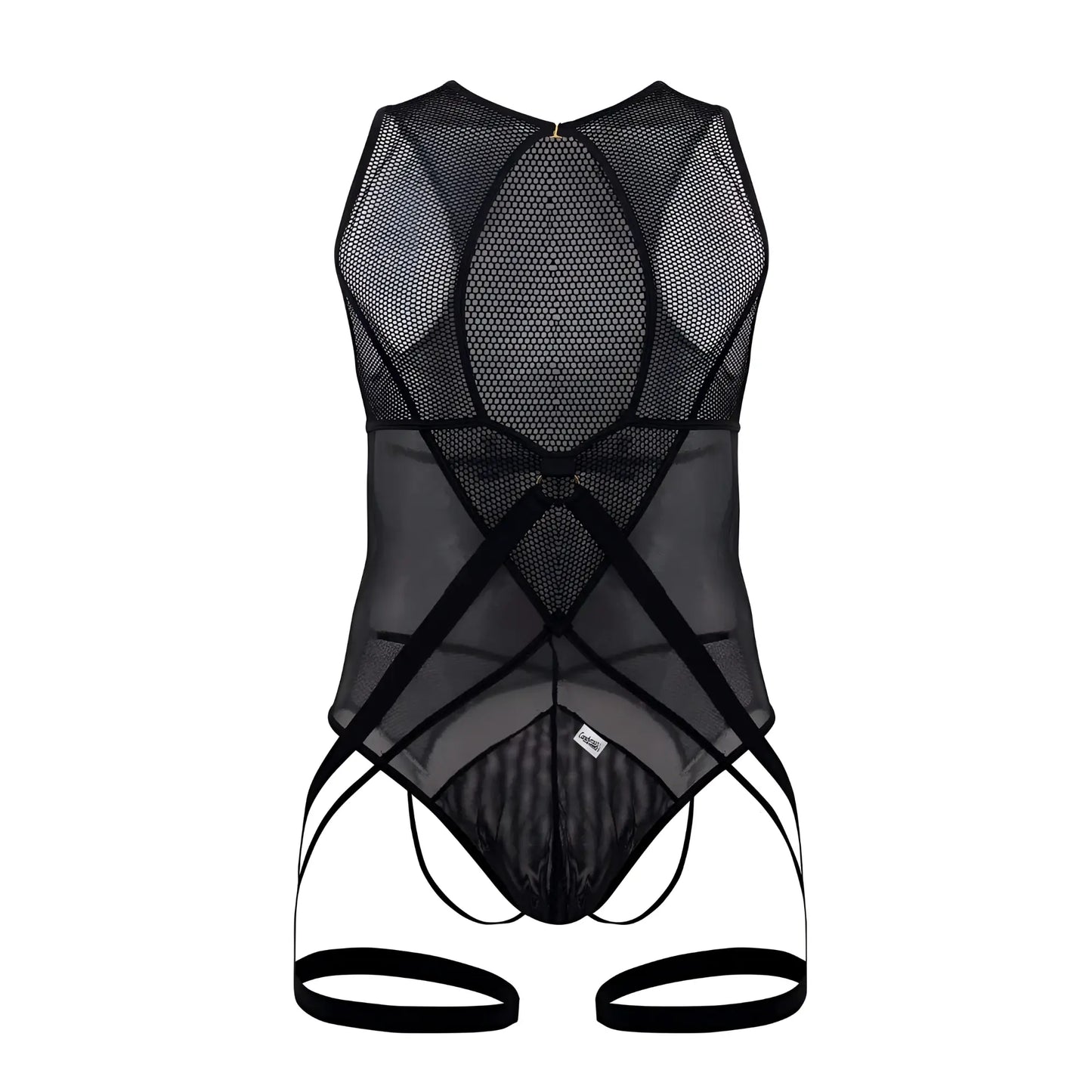 Black mesh bodysuit candy man 99650 with sheer backless design and adjustable straps shown from the back side