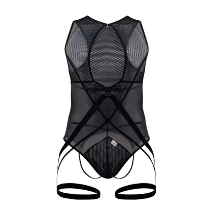 Black mesh bodysuit candy man 99650 with sheer backless design and adjustable straps shown from the back side