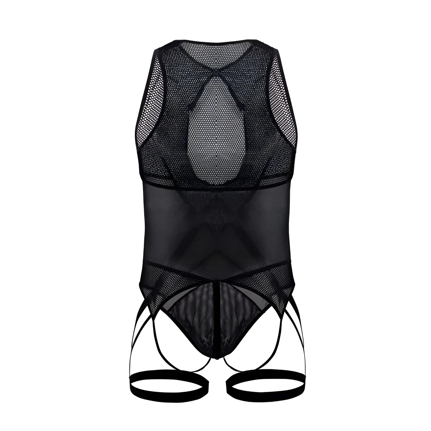 CandyMan 99650 mesh bodysuit in black with sheer, form-fitting design and adjustable straps for a sleek look