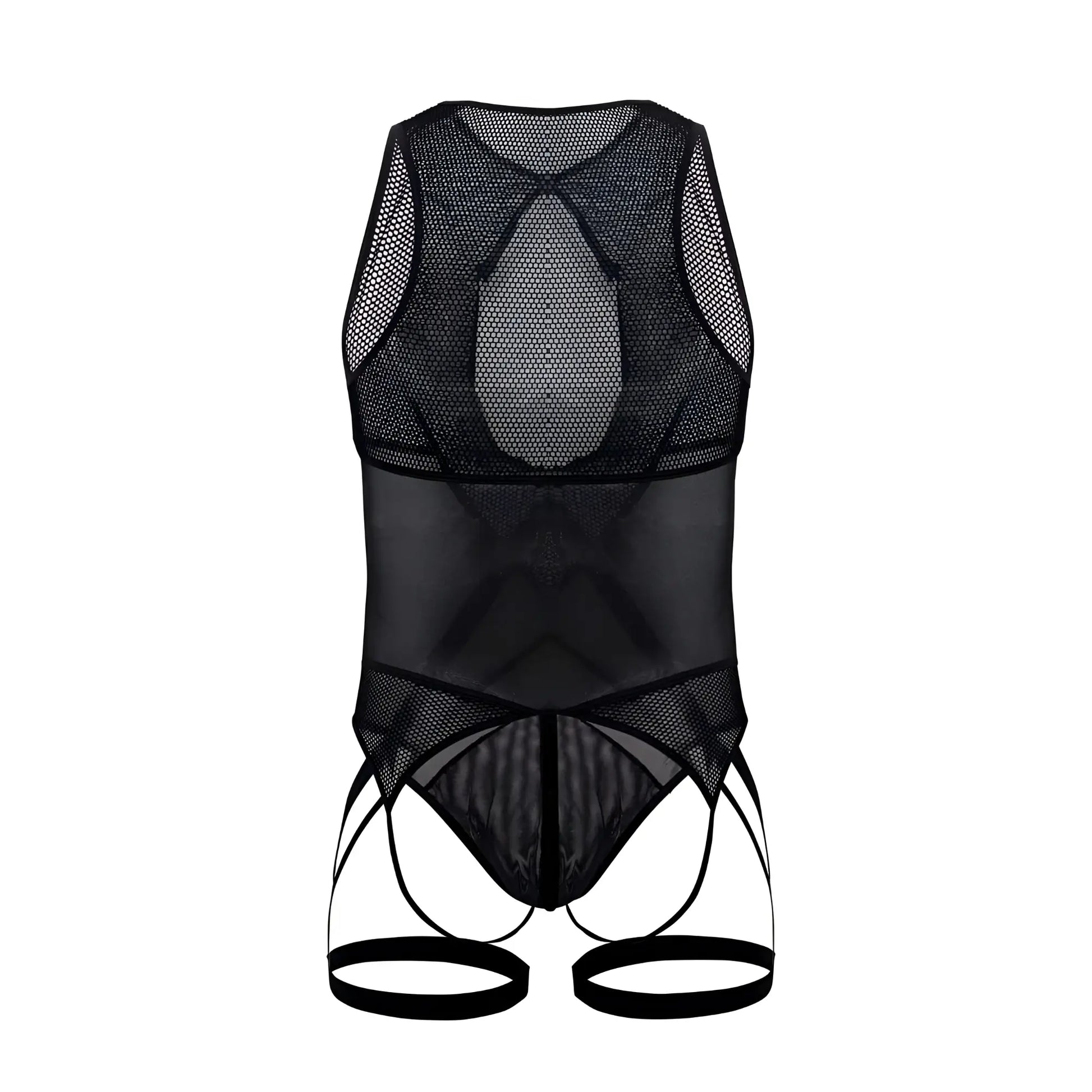 CandyMan 99650 mesh bodysuit in black with sheer, form-fitting design and adjustable straps for a sleek look