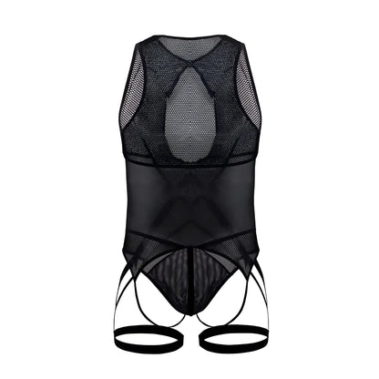 CandyMan 99650 mesh bodysuit in black with sheer, form-fitting design and adjustable straps for a sleek look