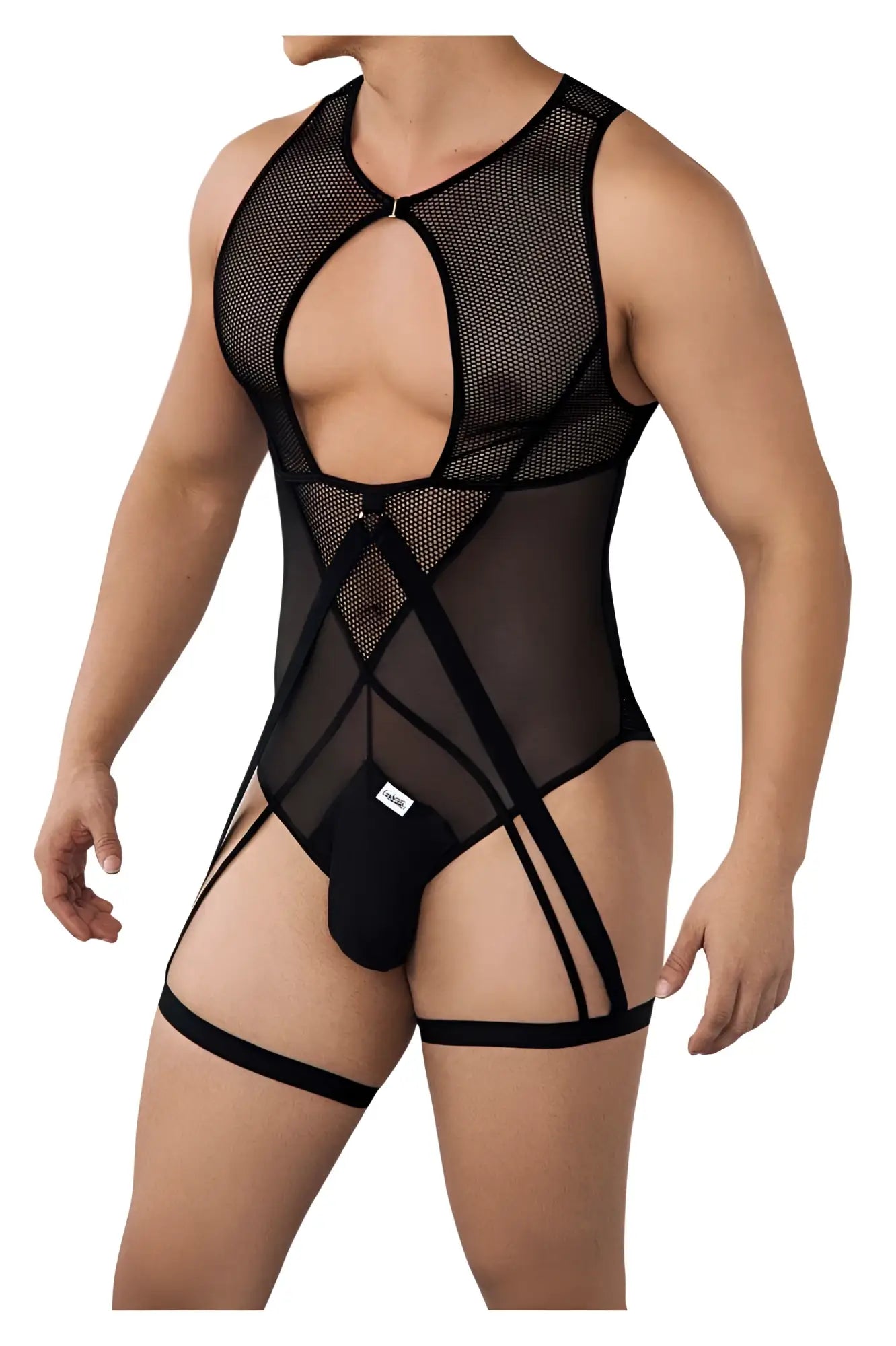 Black CandyMan 99650 mesh bodysuit with sheer panels and strappy leg ties in black mesh material