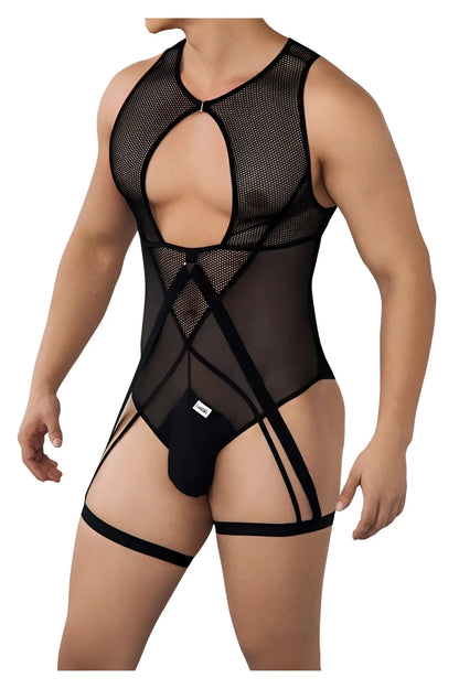 Black CandyMan 99650 mesh bodysuit with sheer panels and strappy leg ties in black mesh material