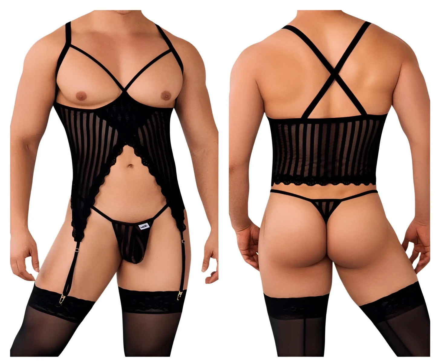 Black candyMan 99654 sheer mesh bodysuit with lace trim and adjustable straps for a stylish two piece set look