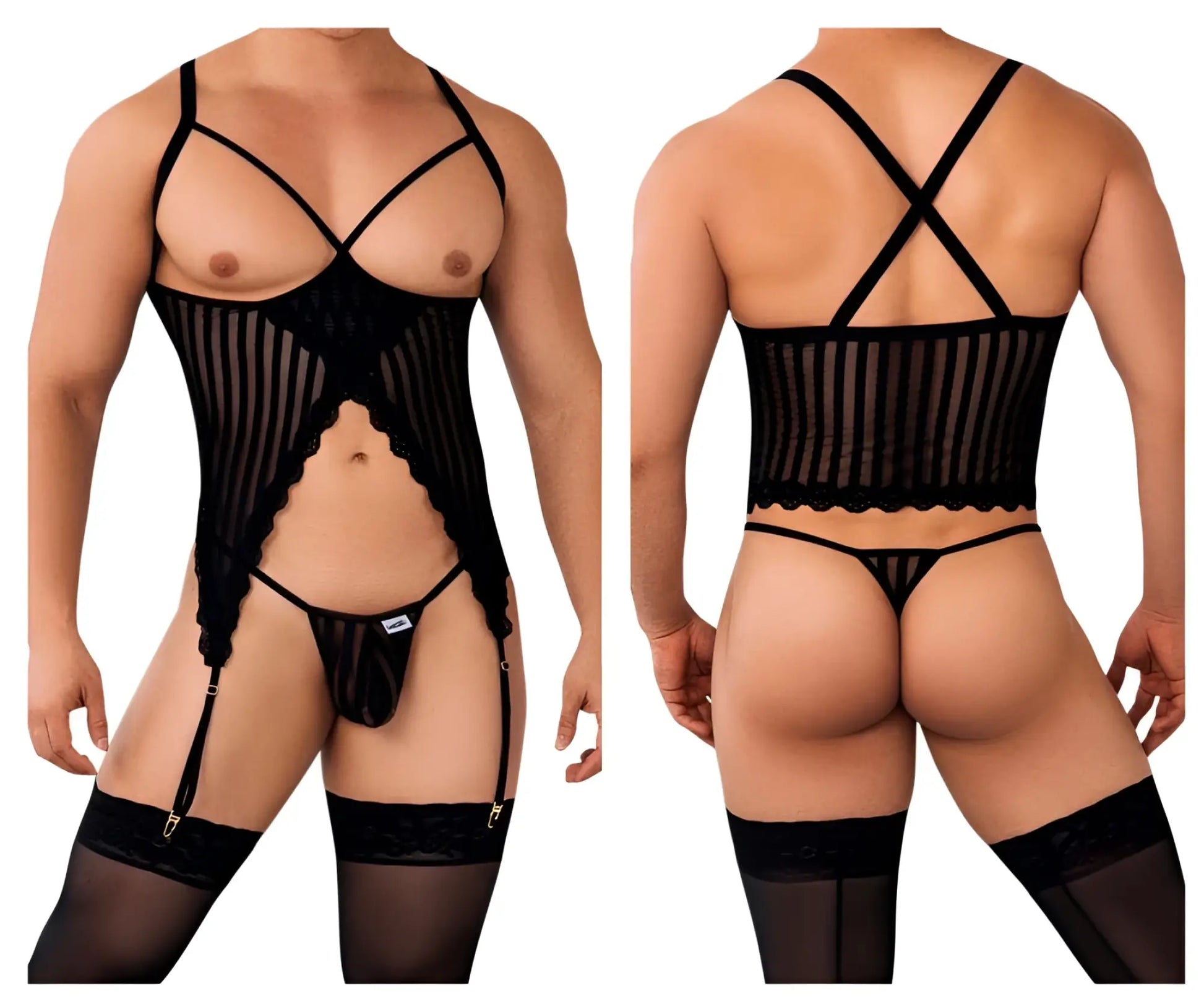 Black candyMan 99654 sheer mesh bodysuit with lace trim and adjustable straps for a stylish two piece set look